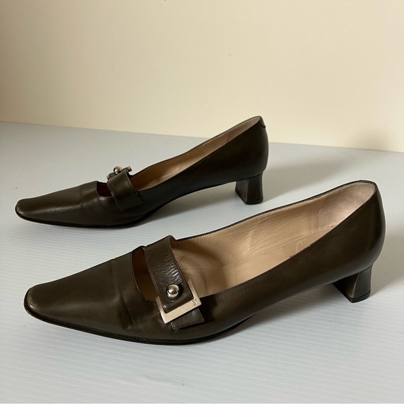 Louis Vuitton Shoes - Louis Vuitton Gray Green Buckle Square Toe Block Kitten Heels size EU 39.5 US 9